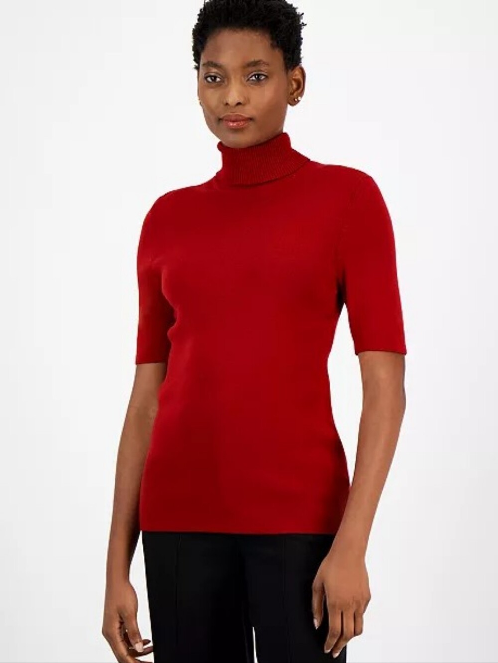 Anne Klein Red Short-Sleeve Turtleneck Sweater